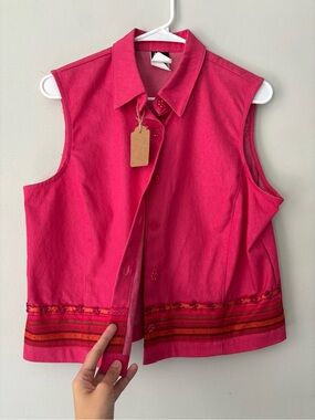Vintage Fairycore Embroidered Boho Cottagecore Fuchsia Denim Vest Medium Large